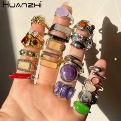 Colorful Stone Geometry Ring Set