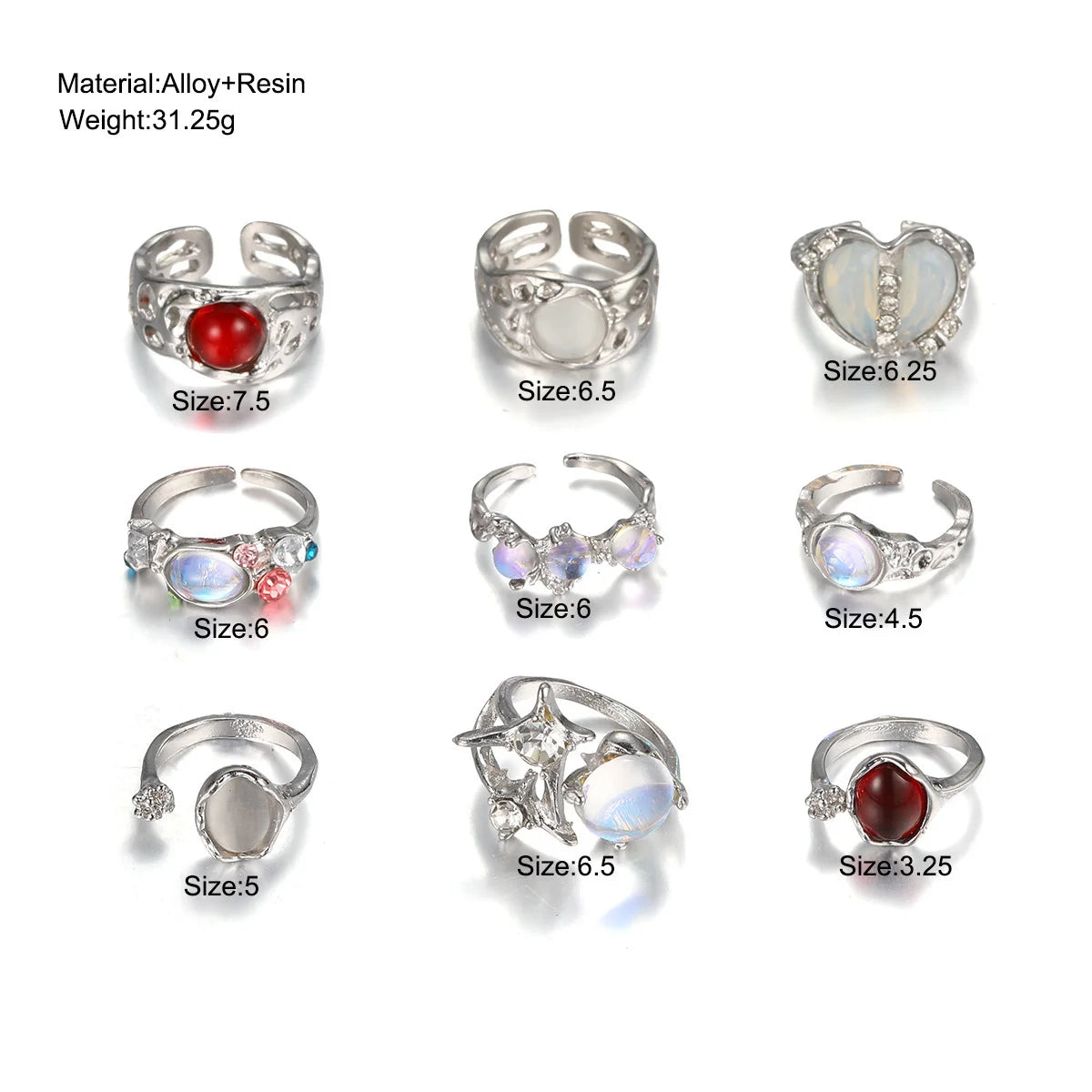 Y2K Crystal & Heart Ring Set – 9pcs